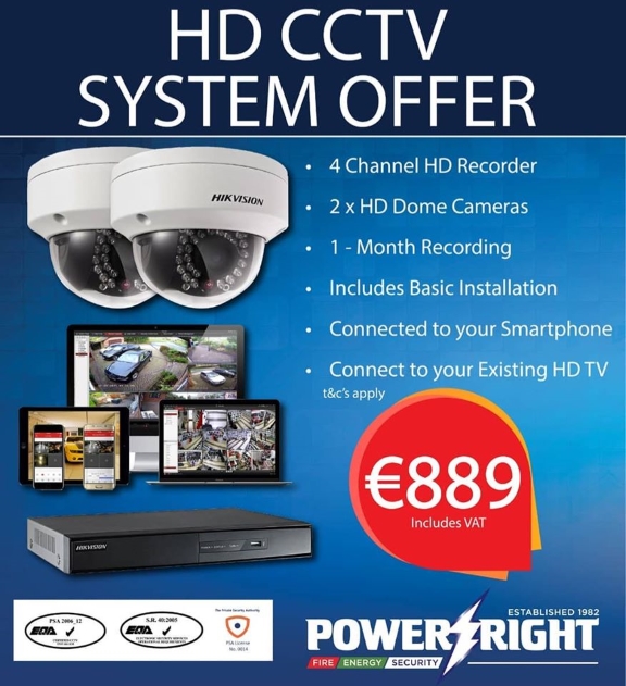 HD CCTV camera offer including 4 channel hd recorder, 2 hd dome cameras, one-month recording, and basic installation